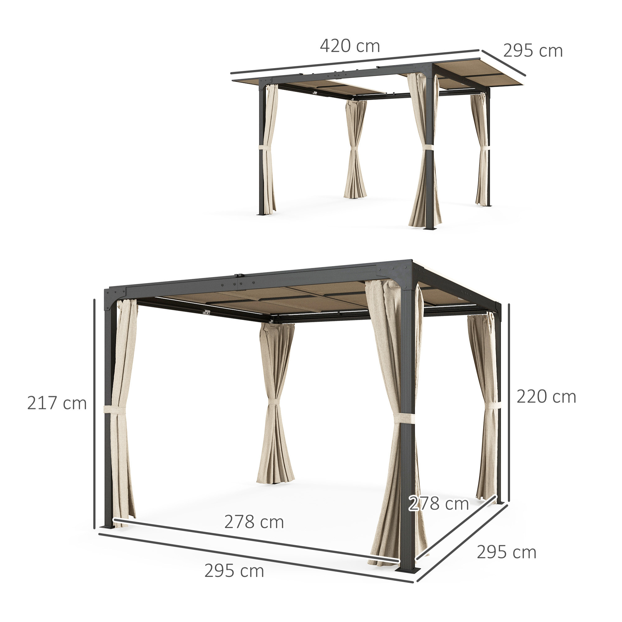 Pérgola de Aluminio 4,2x3 m Cenador de Jardín Gazebo con Techo Corredizo 4 Paredes Laterales y Orificios de Drenaje Pabellón para Patio Terraza Beige y Negro