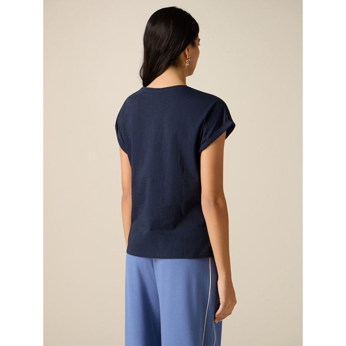 Oltre - T-shirt in cotone con patch gioiello - Blu