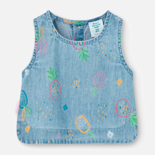 Top denim estampado niÃ±a, tirantes, cuello redondo, verde