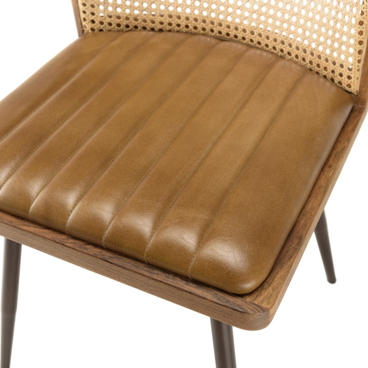 MARCEL - Lot de 2 chaises manguier assise matelassée cuir dossier rotin