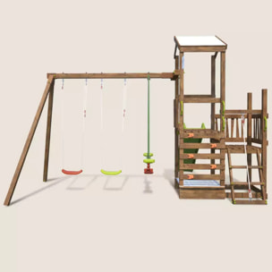 Aire de jeux 2 tours avec portique et mur d'escalade - FUNNY Swing & Climbing 120