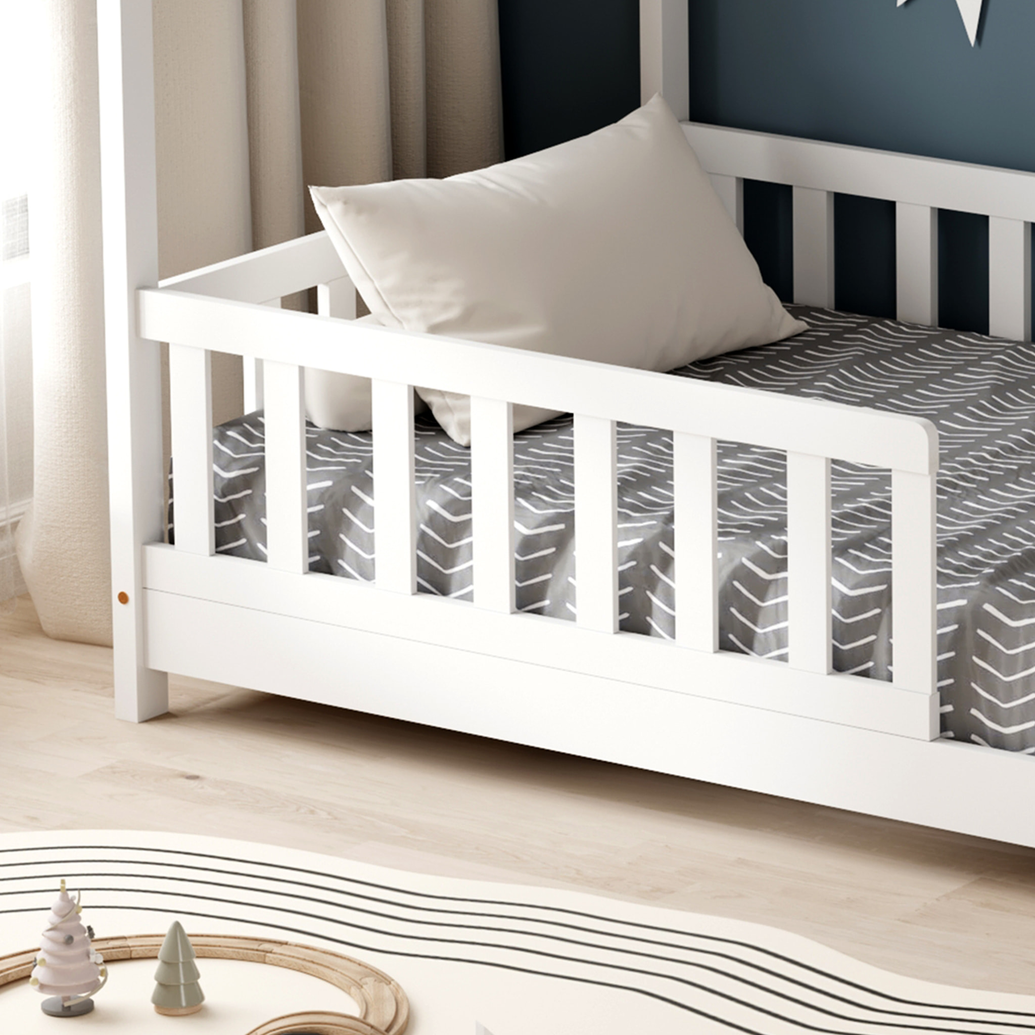 Lit Cabane Tchoupi 90 x 190 cm, Blanc, Bois de Pin Naturel, avec barrières latérales de sécurité