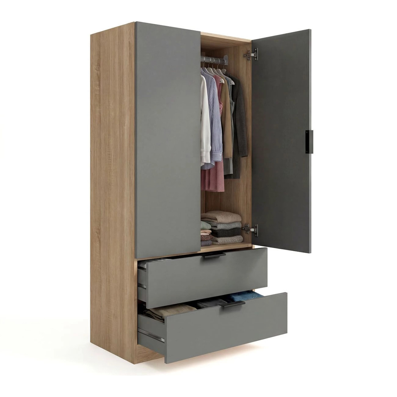 Armario de 2 puertas y 2 cajones en roble canadian y gris grafito 81,5x180 cm Lark Roble Canadian - Gris Grafito