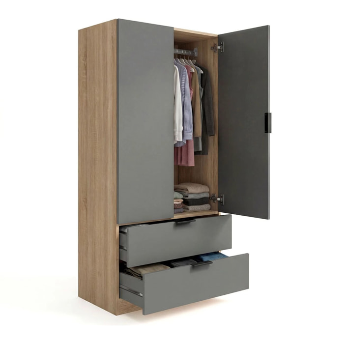 Armario de 2 puertas y 2 cajones en roble canadian y gris grafito 81,5x180 cm Lark Roble Canadian - Gris Grafito