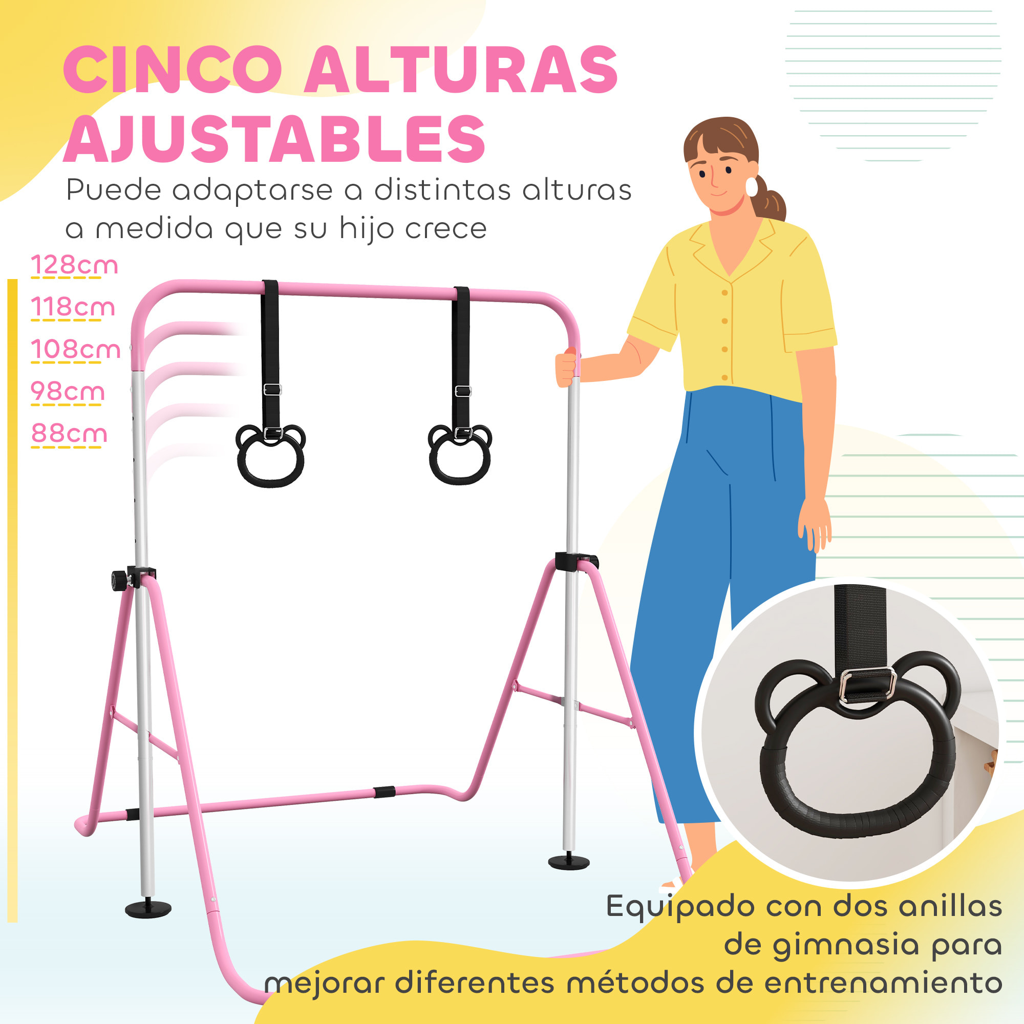 Barra de Gimnasia para Niños con Altura Ajustable en 5 Niveles y Anillos, Barra de Entrenamiento de Gimnasia Plegable en Casa, Rosa