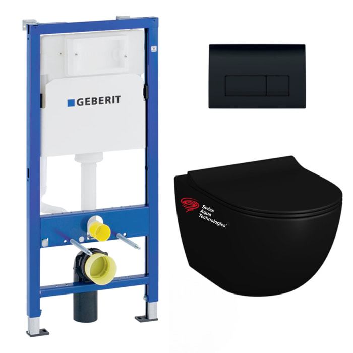 Pack WC bati-support Geberit + WC sans bride Swiss Aqua Technologies + abattant SoftClose + plaque noir (BLINFI2GEB7)