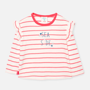 Camiseta niÃ±a, algodÃ³n, estampado rayas, coral, mangas