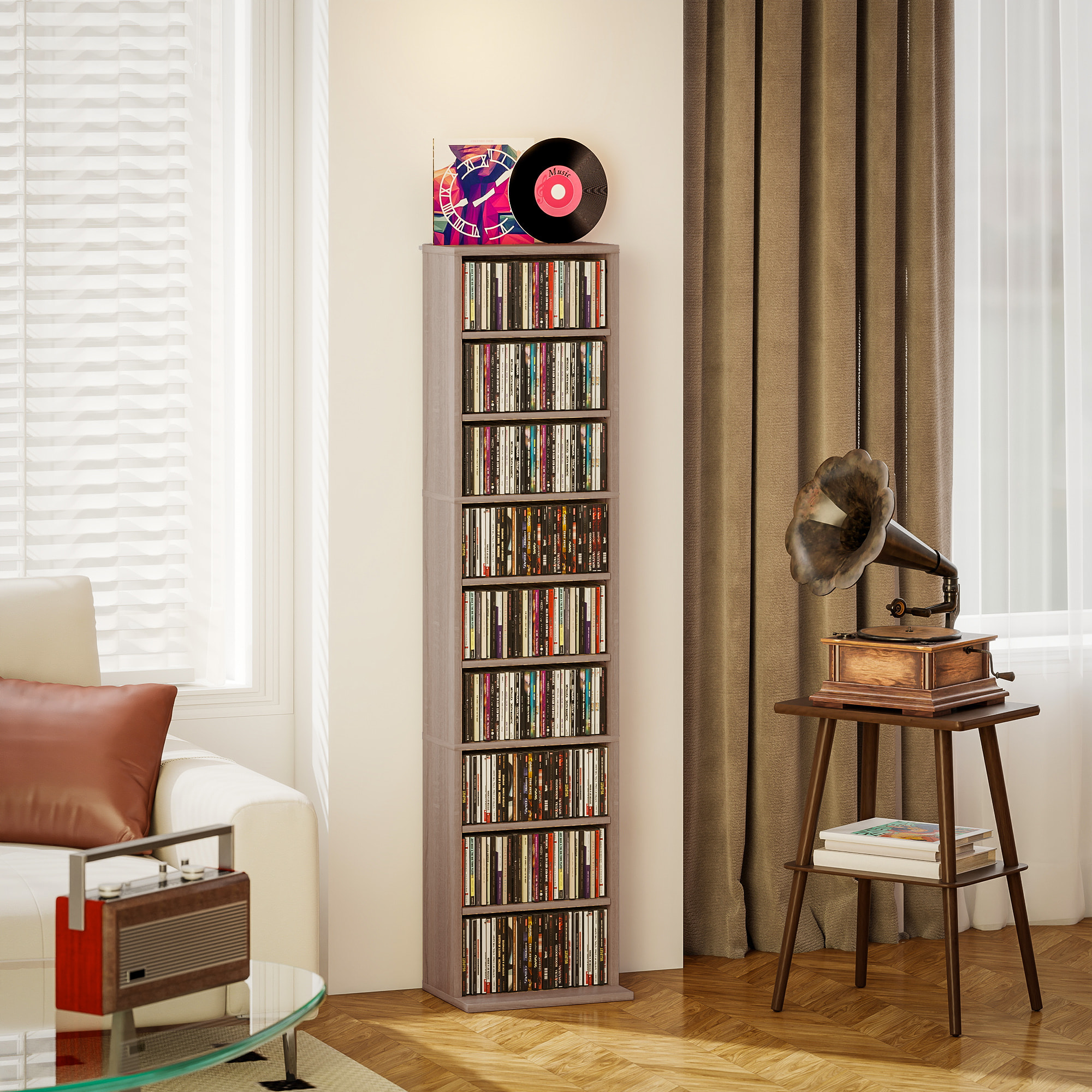 Estantería para CDs y DVDs Soportes para CD Estrechos con 9 Compartimentos Estantes Ajustables para Salón Oficina 33x24x140 cm Madera Natural