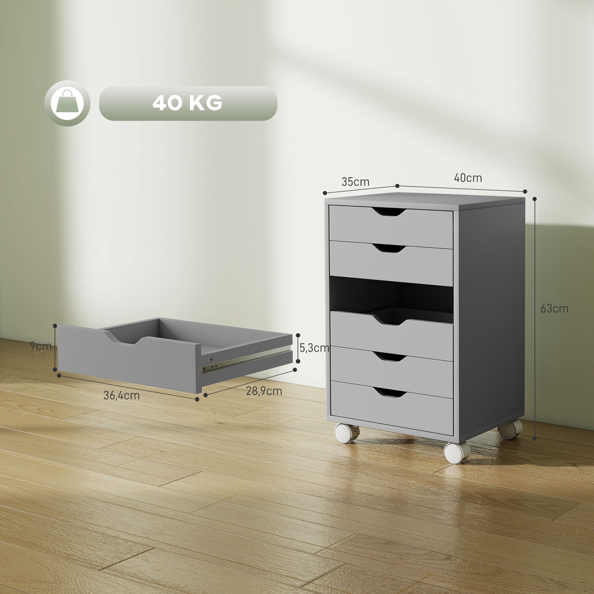 Cajonera Escritorio, Archivador Móvil con 6 Cajones, Soporte para Impresora con Ruedas, Guías Deslizantes Silenciosas, para Oficina, Casa, Gris