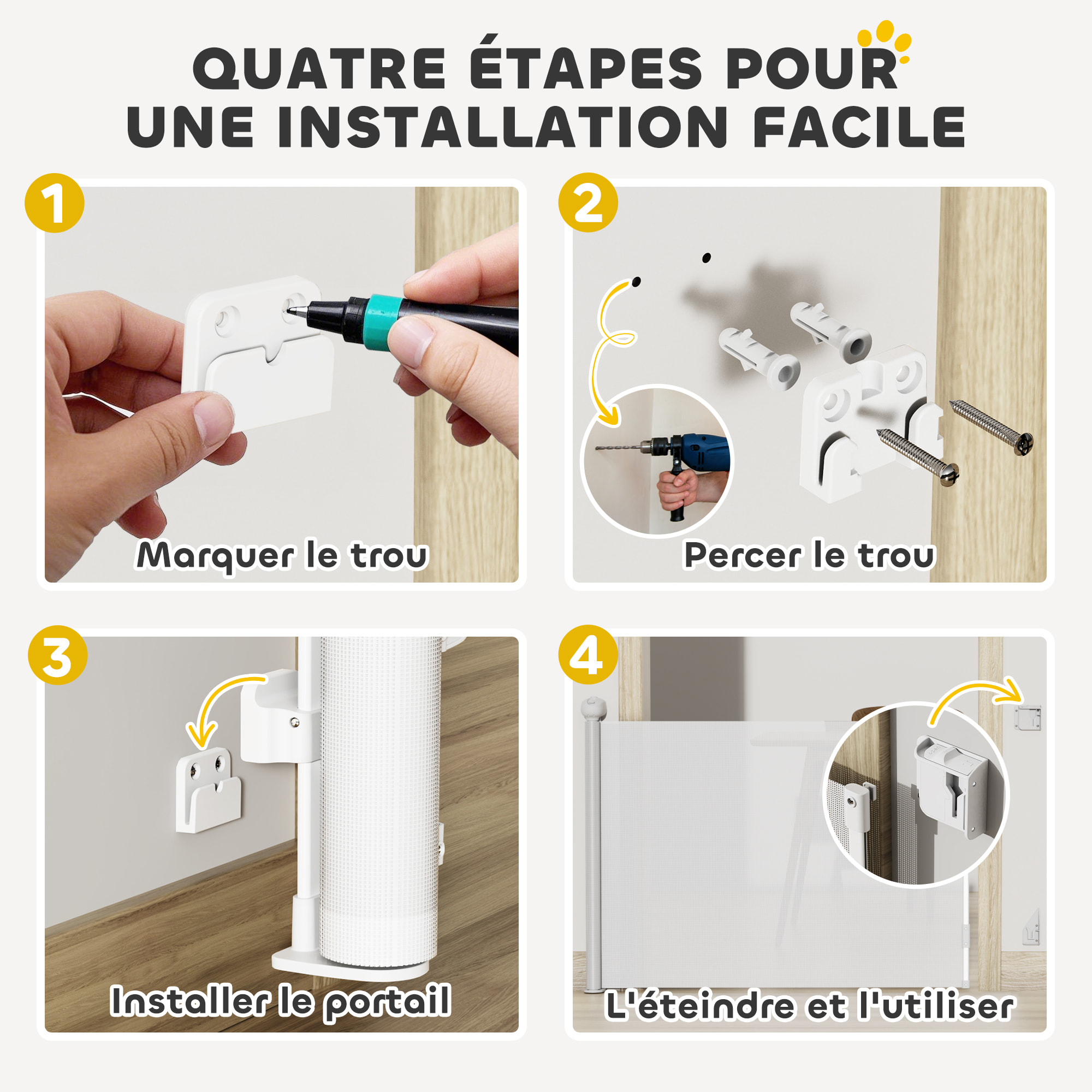 Barrière de sécurité chien rétractable 0-144 cm H.87 cm verrouillage auto alu PVC blanc