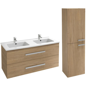 Meuble double vasque 120 cm Ola up + colonne de salle de bain chêne