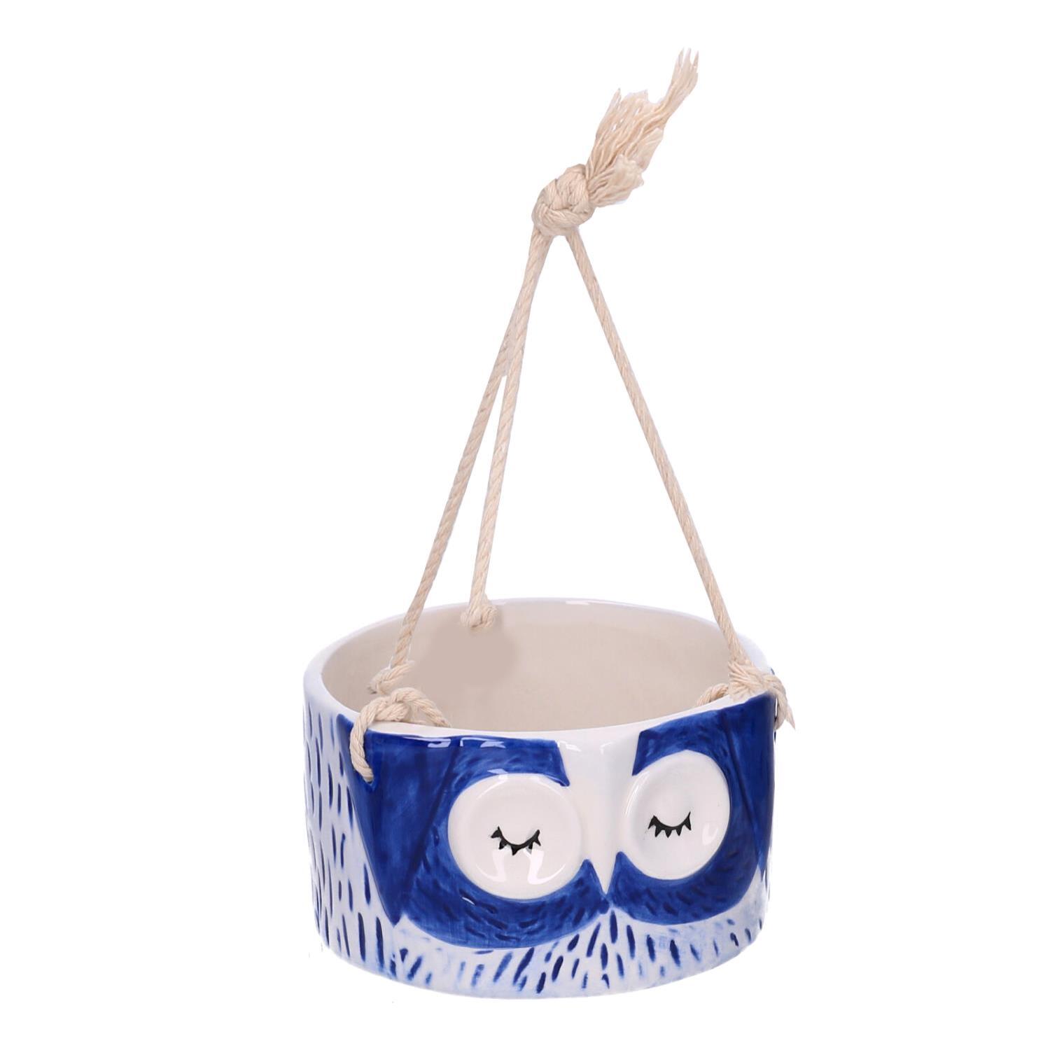 Portavaso pensile in ceramica gufo blu cm ø12,4h7/20
