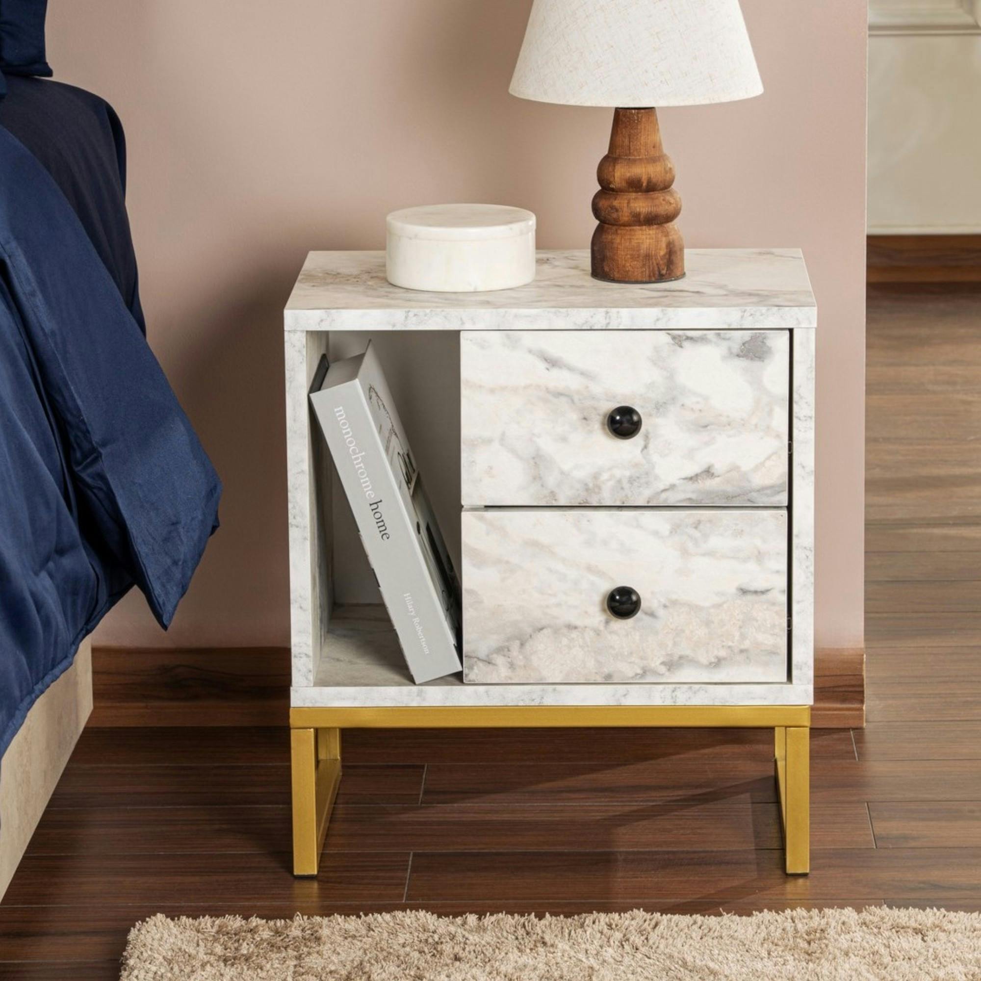Table de nuit 2 tiroirs - effet marbre, pieds dorés JENA
