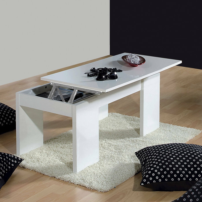 Tavolino da salotto Almo, Tavolino da caffè con piano elevabile, Tavolo basso da soggiorno, 100x50h43/84 cm, Bianco lucido