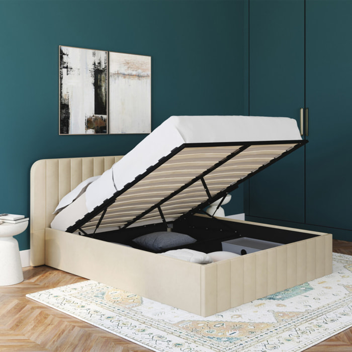 Lit coffre Valentina avec sommier et tête de lit - Velours beige
