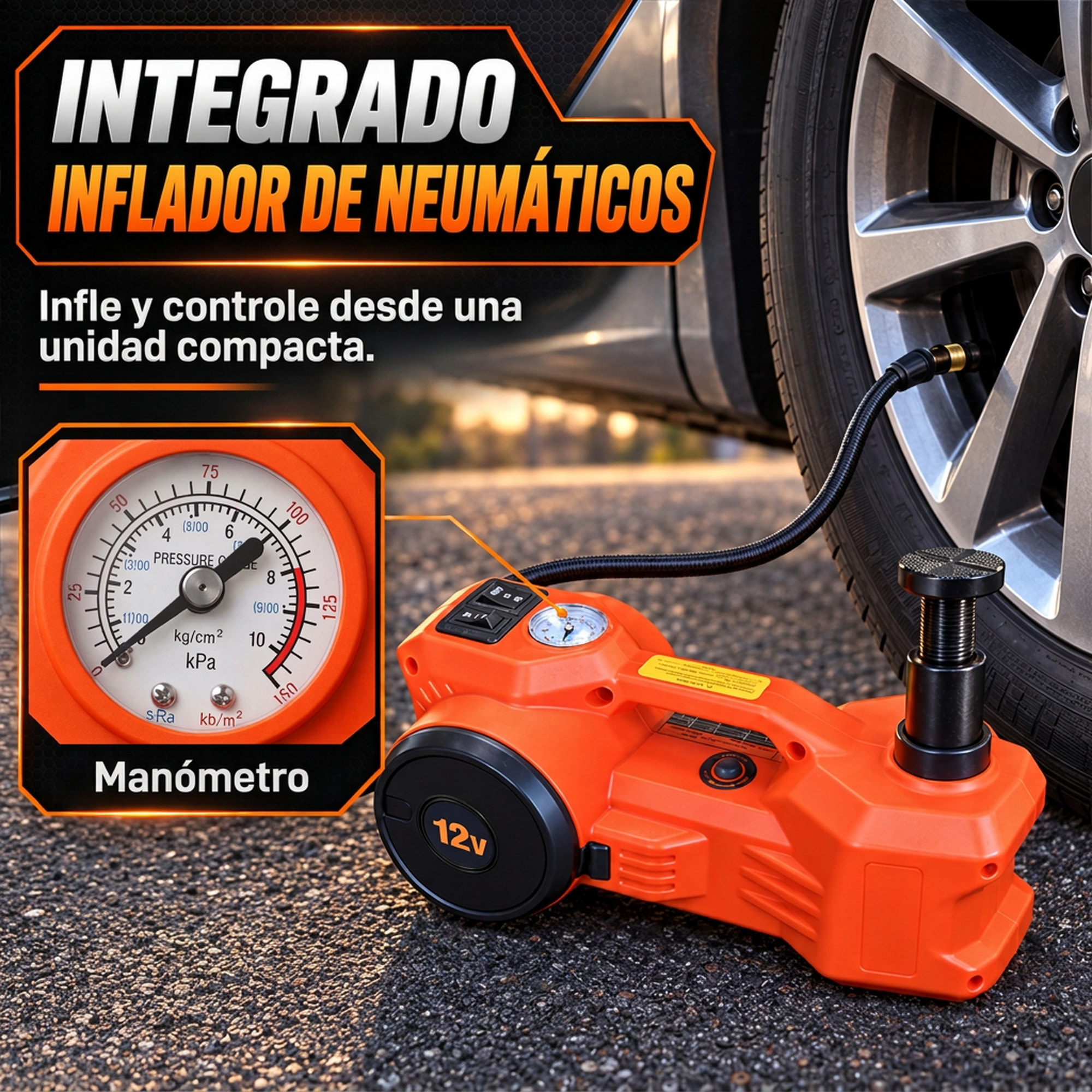 HOMCOM Kit de Gato Hidráulico Eléctrico de 5T 12V, Elevador de Coche Automático 155-450 mm, Gato Elevador con Bomba Aire, Llave Hexagonal, Martillo de Seguridad y Maletín Reflectante para SUV y Sedán