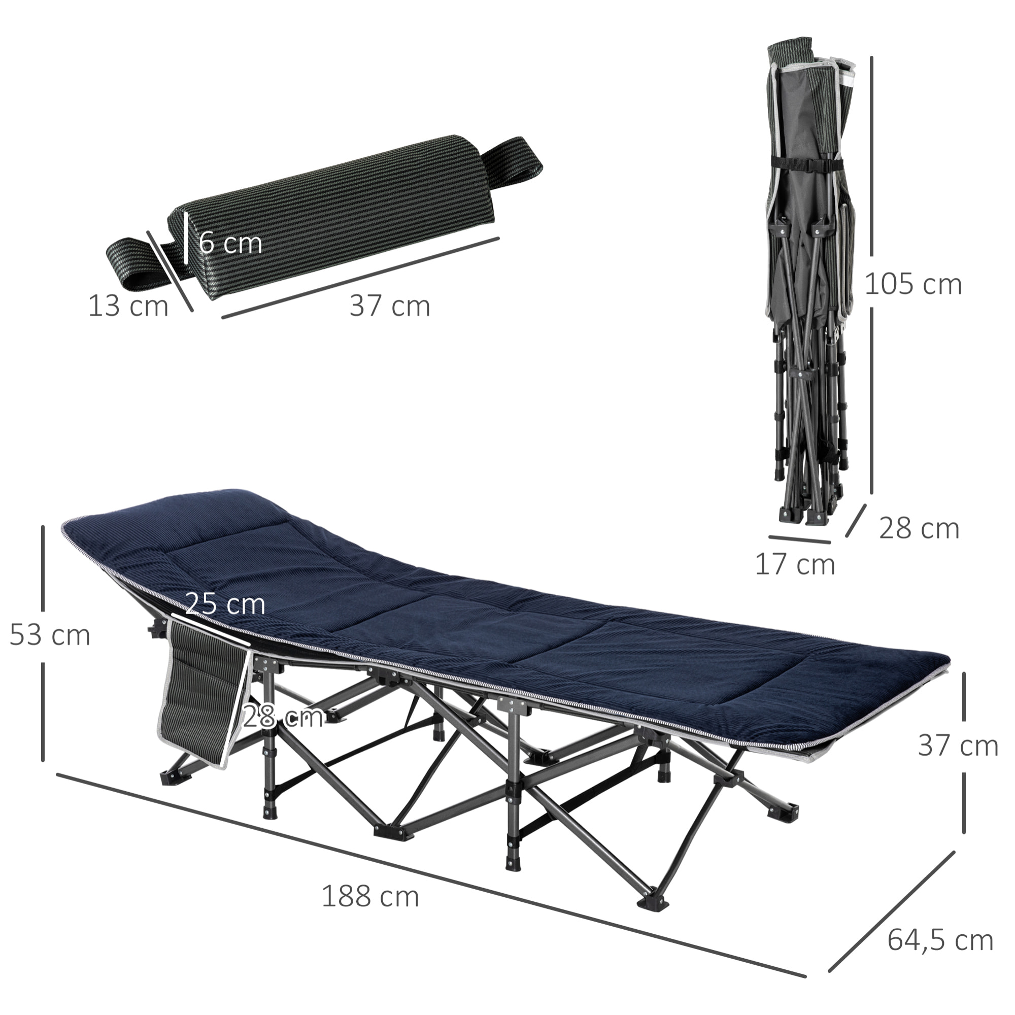 Cama de Camping Plegable Cama de Acampada con Cojín Almohada Bolsillo Lateral Bolsa de Transporte y Marco de Acero Carga 150 kg para Playa Senderismo 188x64,5x53 cm Azul