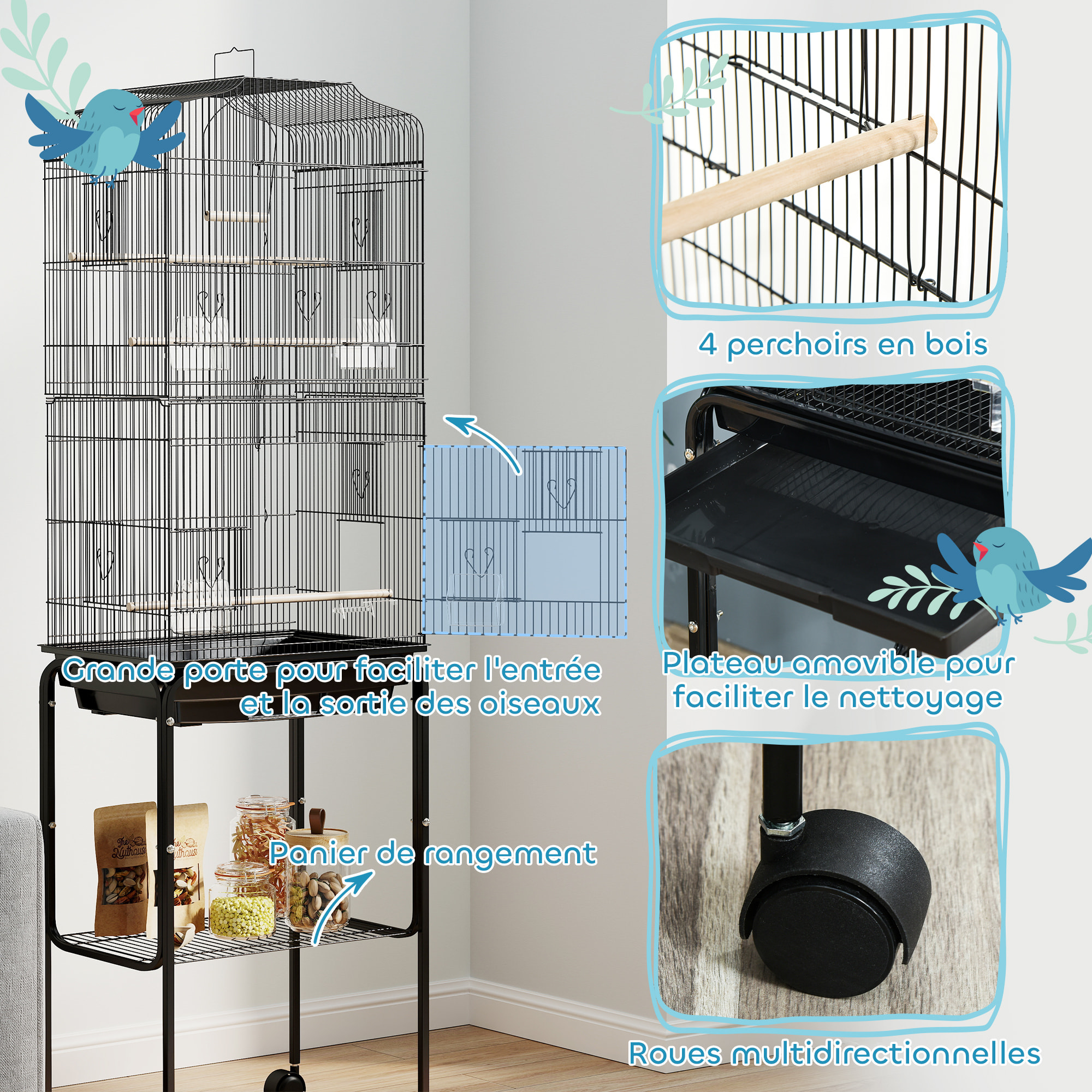 Cage à oiseaux sur pied volière mobile toit ouvrant 3 perchoirs étagère 46 x 36 x 157 cm noir