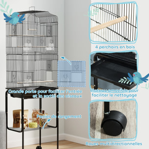 Cage à oiseaux sur pied volière mobile toit ouvrant 3 perchoirs étagère 46 x 36 x 157 cm noir