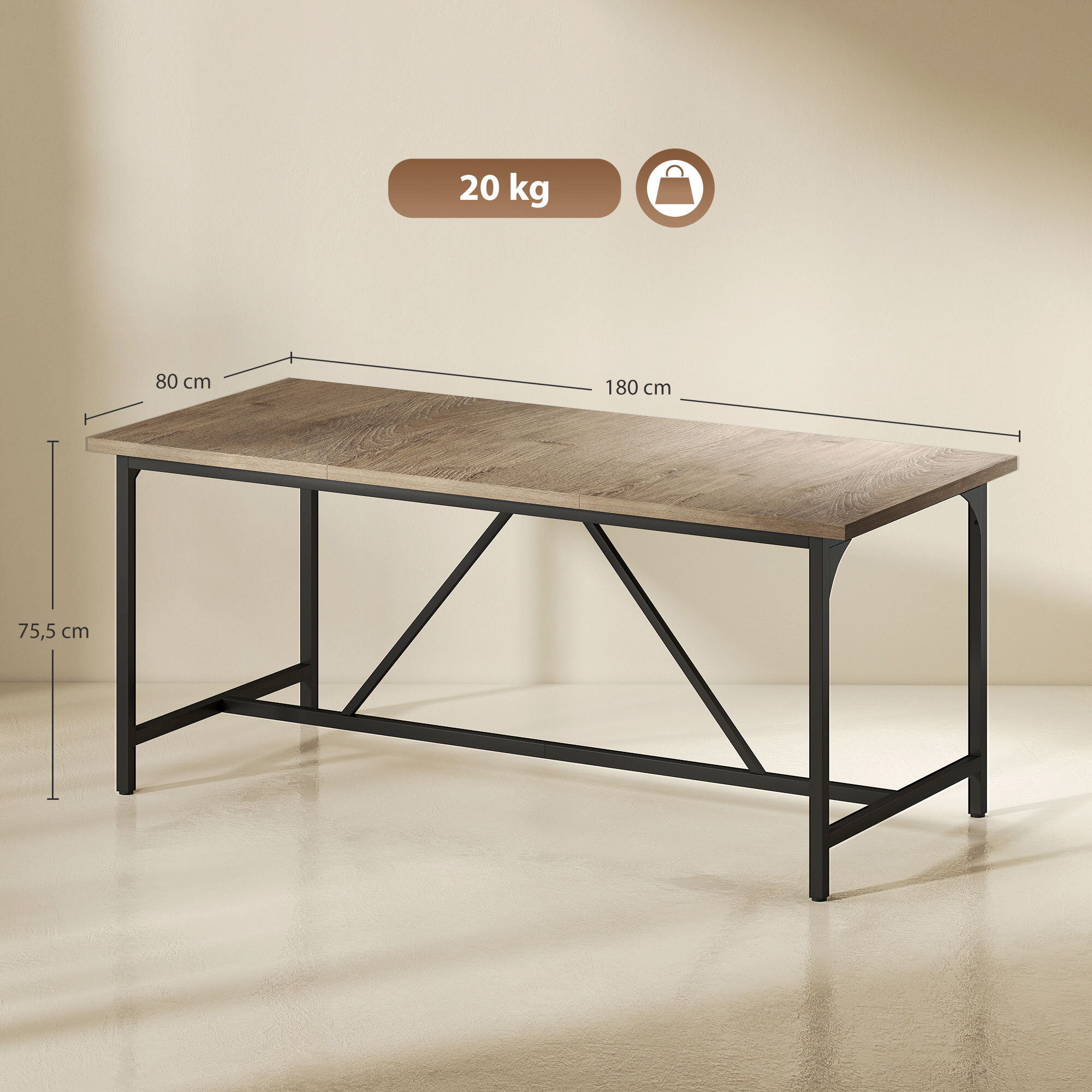 Table à manger style industriel 6-8 personnes dim. 180x80x75cm métal noir effet chêne clair