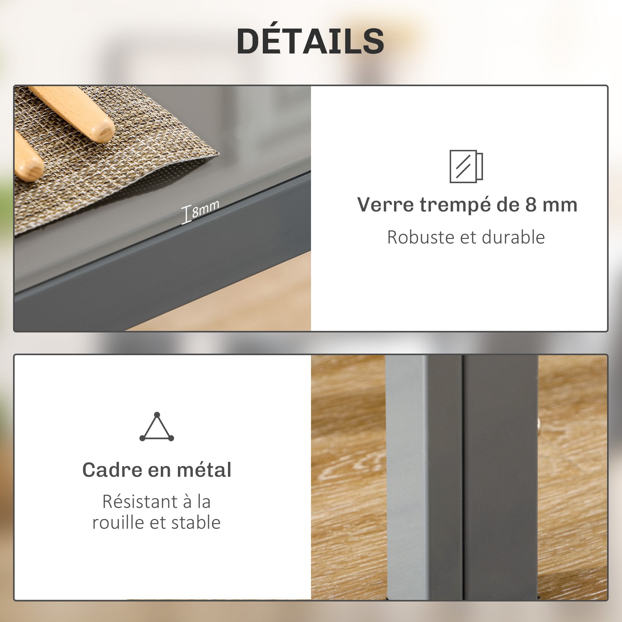 Ensemble table à manger rectangulaire et 4 chaises grand confort plateau verre trempé 8 mm métal gris