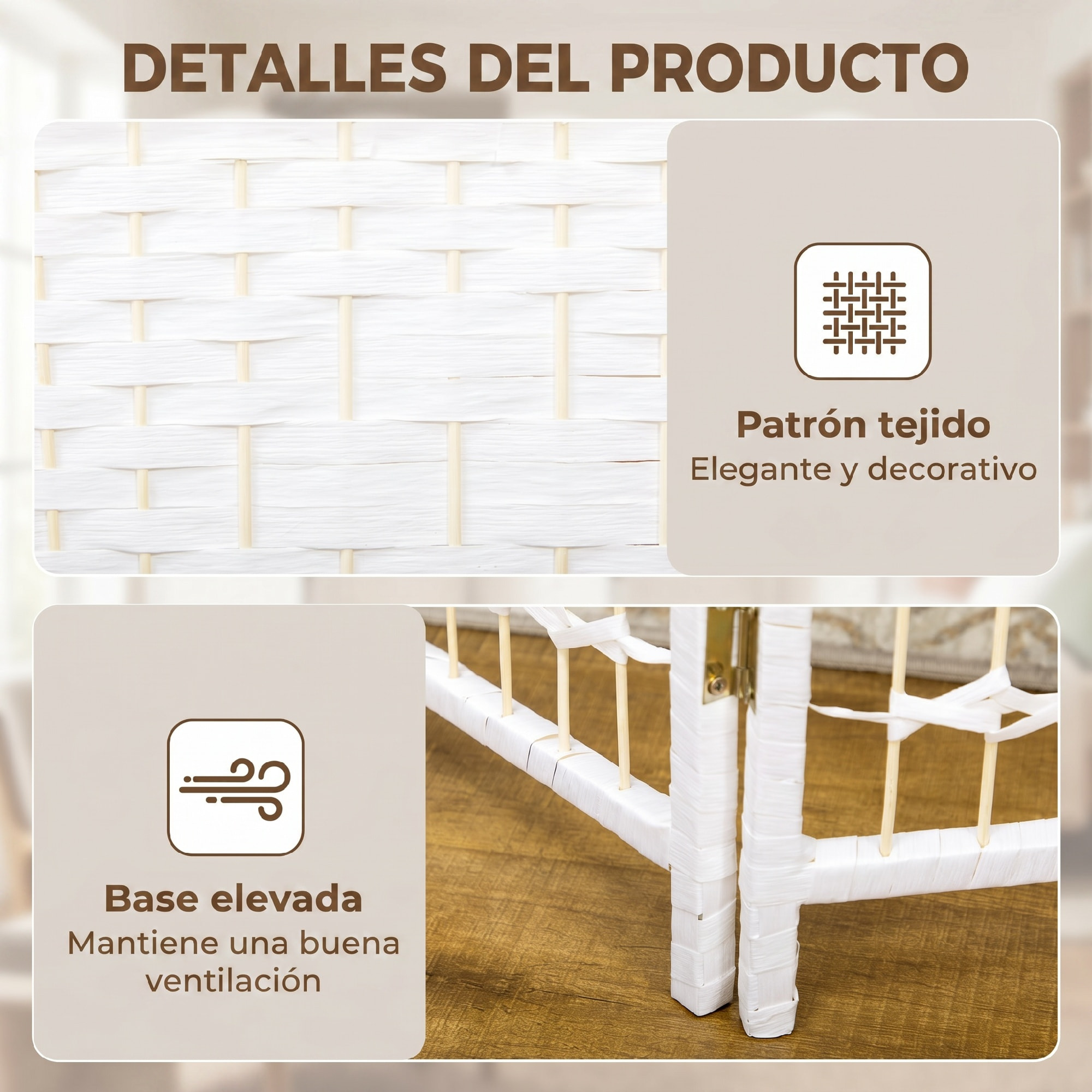 HOMCOM Biombo Plegable de 6 Paneles, 240x170 cm, Biombo Separador de Ambientes de Cuerda de Papel, Marco de Madera, Decoración para Dormitorio, Salón, Blanco