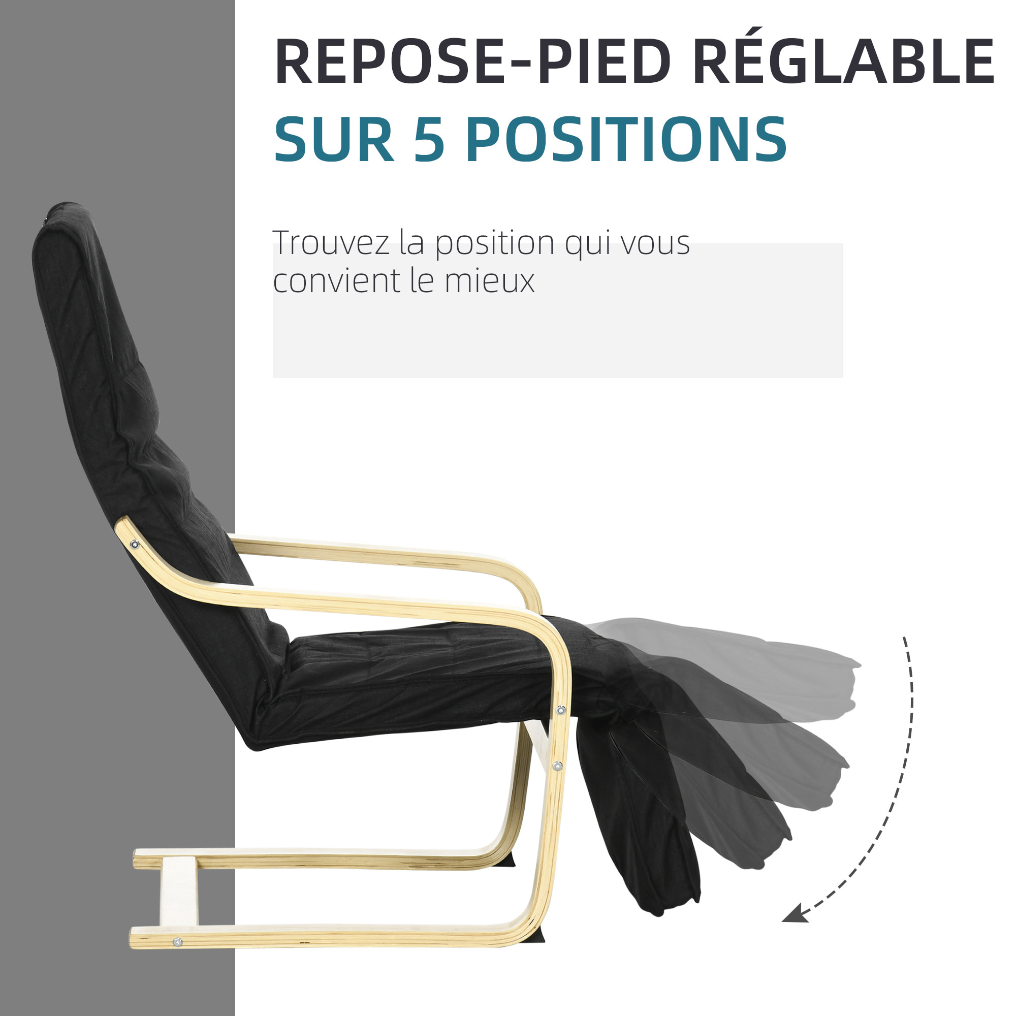 Fauteuil style nordique - repose-pied réglable - déhoussable - bois de bouleau tissu noir