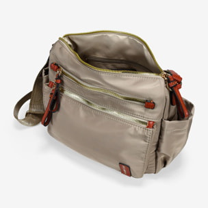 Bolso bandolera taupe con cremalleras metálicas