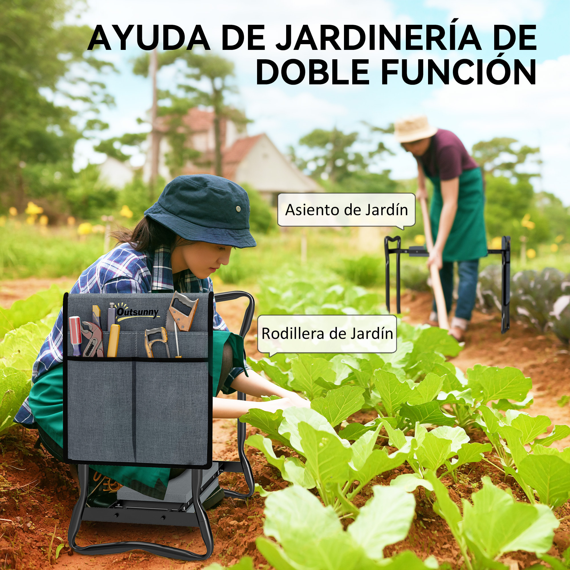 Taburete de Jardín Plegable con Almohadilla de Espuma EVA, Asiento de Jardín 2 en 1 con Bolsa para Herramientas, Portátil, Carga 150kg, Regalo para Jardinería, Jardineros y Ancianos