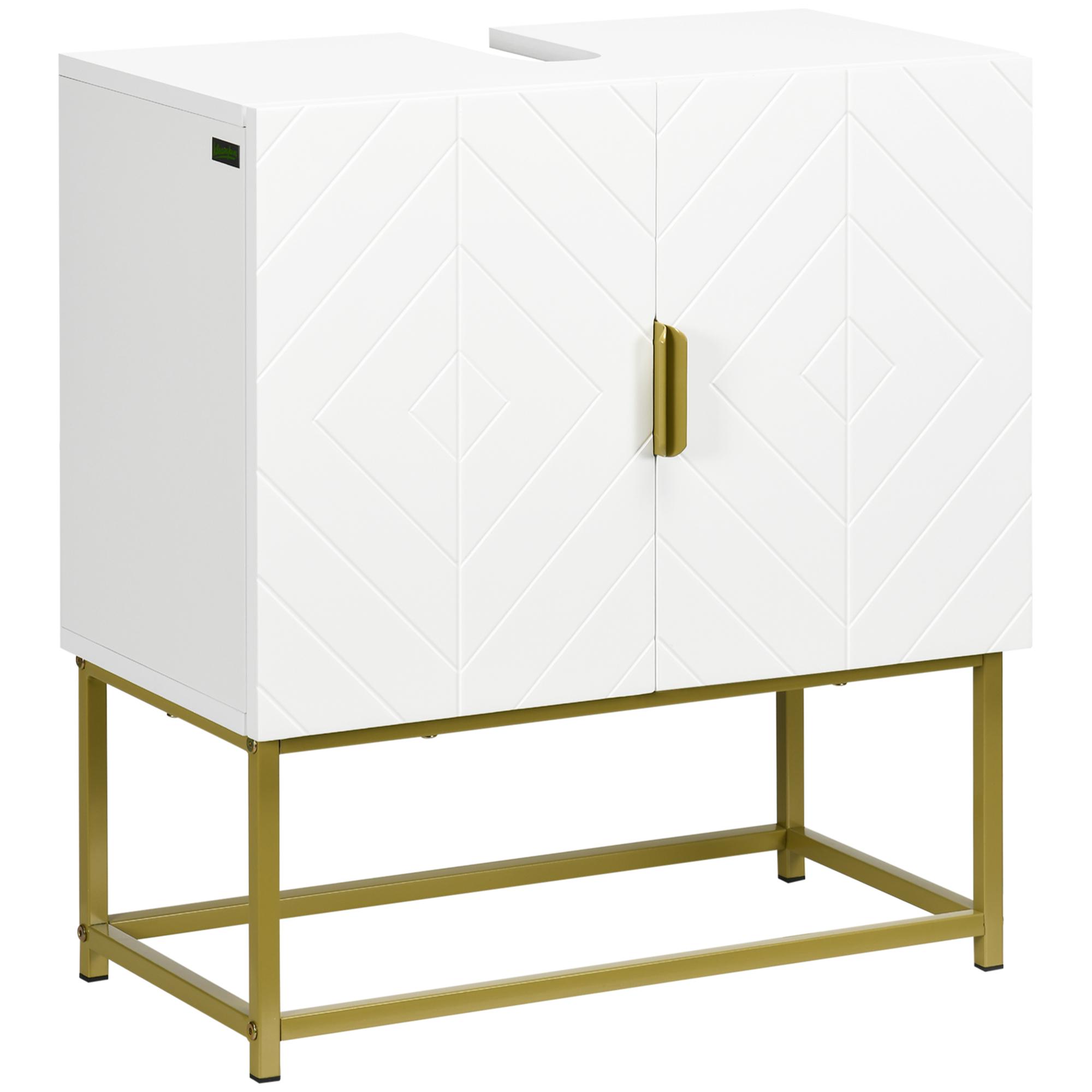 Mueble para Debajo del Lavabo Armario para Lavabo de Baño Moderno Armario Bajo con 2 Puertas y Patas de Acero Dorado 60x30x65 cm Blanco