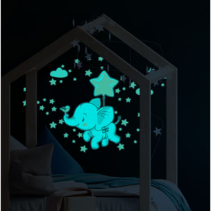 Sticker phosphorescent lumineux - ÉLÉPHANTS JOYEUX DANS LES NUAGES + 120 ÉTOILES