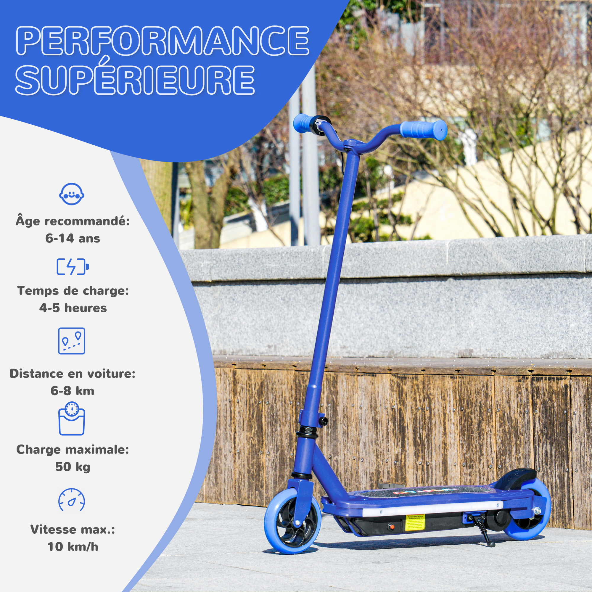 Trottinette électrique enfant LED multicolore max. 10Km/h autonomie 8Km béquille acier bleu