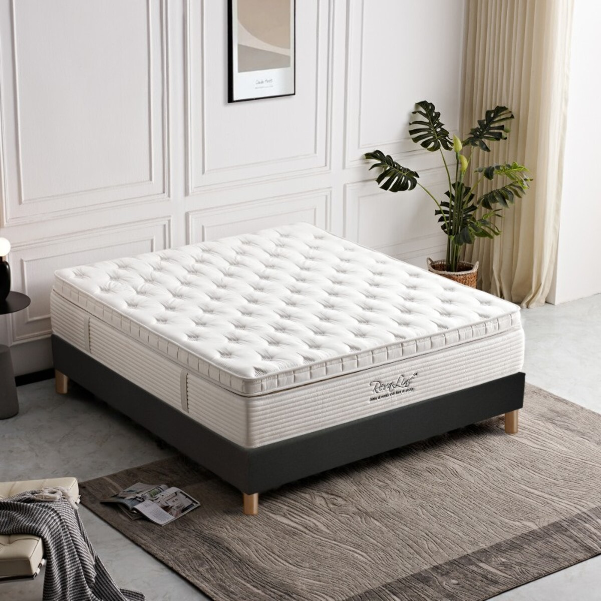 Ensemble Matelas Splendid & sommier déco| 37 cm | Mémoire de forme, mousse de maintien et ressorts ensachés | Cadre à lattes |Tissu | Gris foncé