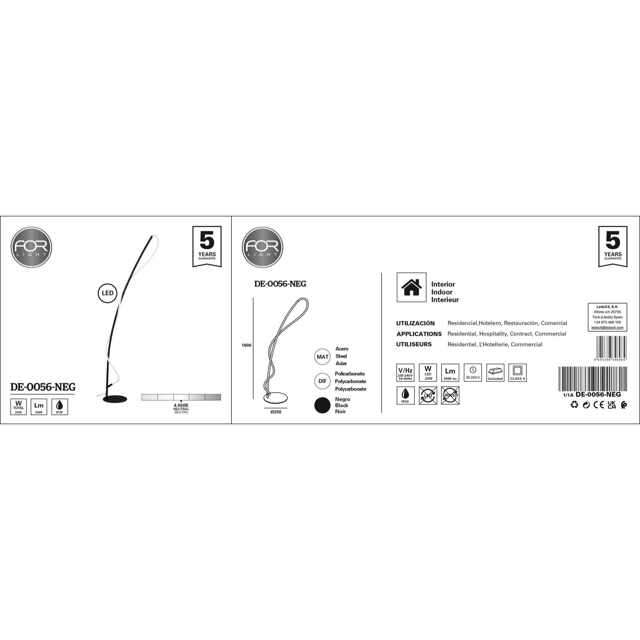 Forlight PIE DE SALÓN IP20 TRESS LED 26 BLANCO NEUTRO - 4000K ON-OFF NEGRO 3099