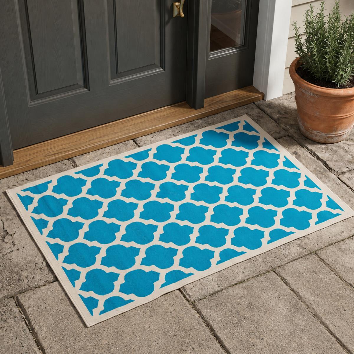 Petit tapis Begja bleu et blanc motif géométrique