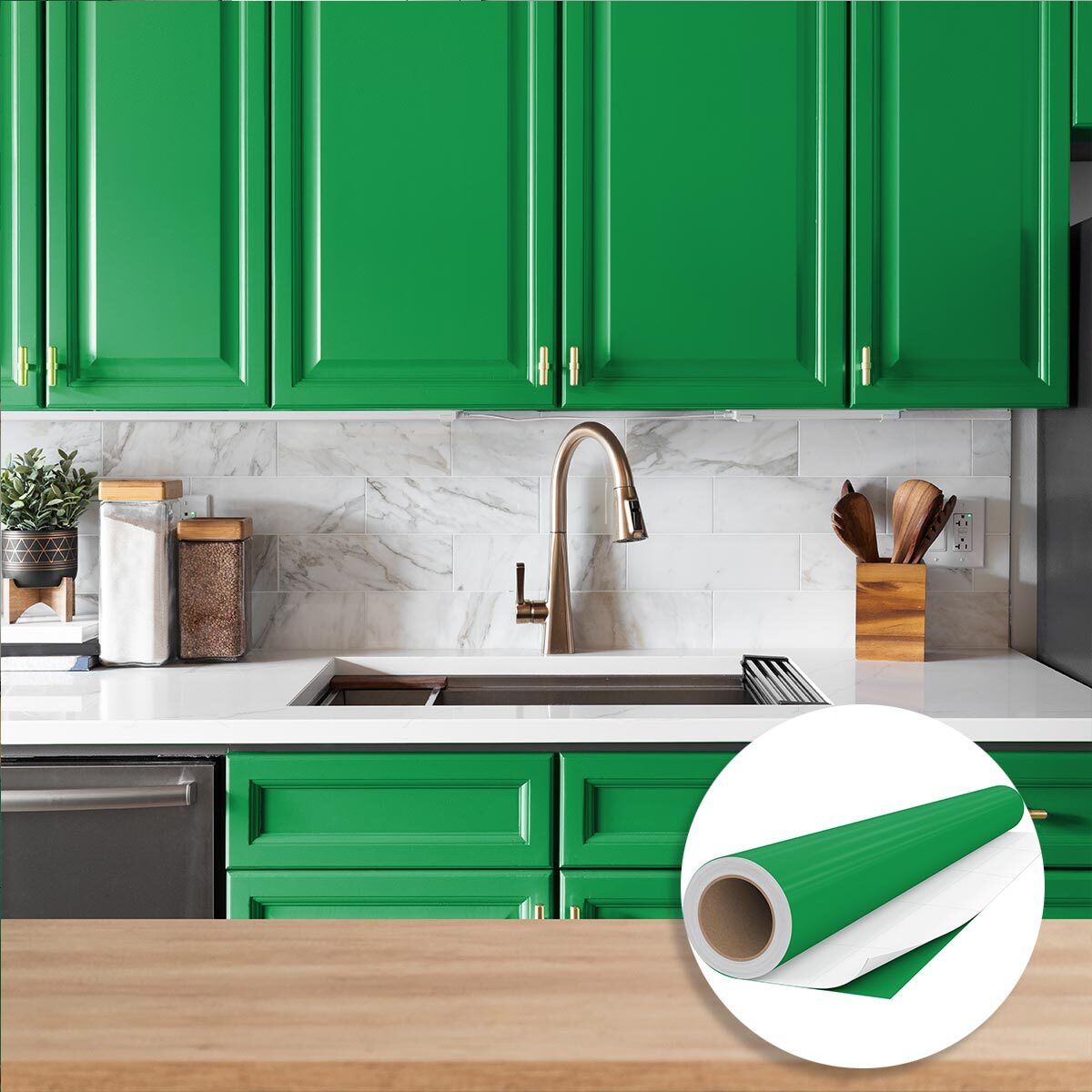 Rouleau adhésif décoratif Vinyle au Mètre - Vert cactus - Sticker Lavable Imperméable Mur Cuisine Meubles