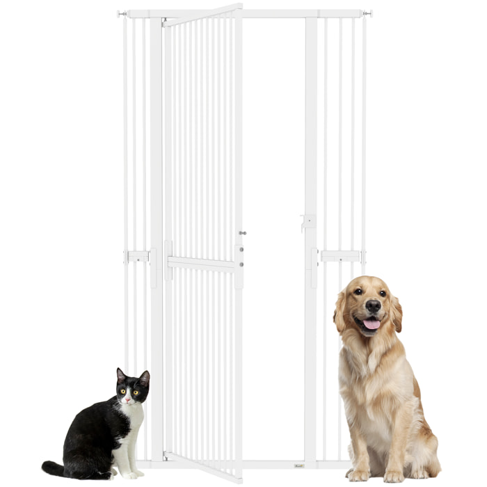 Barrera de Seguridad para Perros y Gatos Extra Alta 180 cm, Barrera para Perros Extensible 76-104 cm, Separación 3,5 cm, para Puertas y Escaleras, con Montaje a Presión, 2 Extensiones, Blanco
