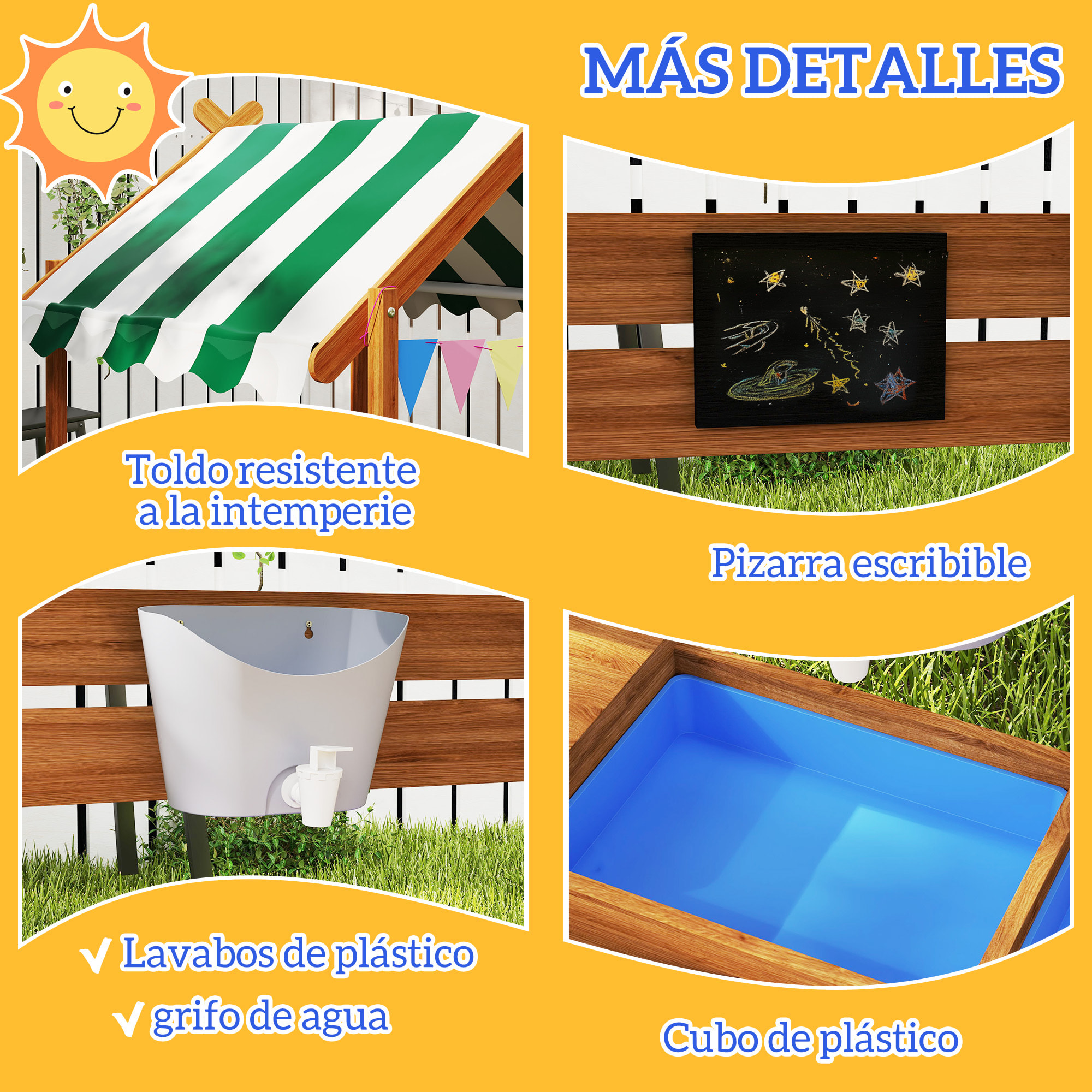 Arenero para Niños de Madera, Arenero Infantil en Forma de Casa con 2 Asientos, Toldo, 6 Banderines, 2 Bandejas Extraíbles, Grifo y Pizarra, para Patio, Jardín, 124x116x146 cm, Naranja