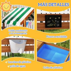 Arenero para Niños de Madera, Arenero Infantil en Forma de Casa con 2 Asientos, Toldo, 6 Banderines, 2 Bandejas Extraíbles, Grifo y Pizarra, para Patio, Jardín, 124x116x146 cm, Naranja