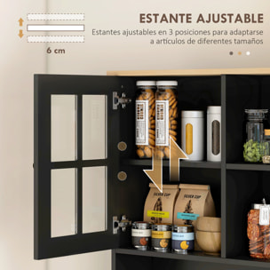 Alacena de Cocina, Mueble Auxiliar de Cocina, con 3 Puertas de Vidrio, Encimera Abierta para Microondas, Estantes Ajustables, Compartimentos Abiertos, 80x37x183 cm, Negro