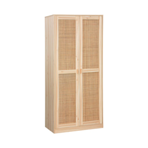 Armoire dressing cannage et effet bois. 2 portes avec penderie et rangements