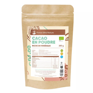 FORCE ULTRA NATURE - Cacao cru en poudre Force Ultra Nature - 100% BIO - Riche en fer, magnésium, calcium - Idéal en boissons ou pâtisseries - Doypack 250g, 500g