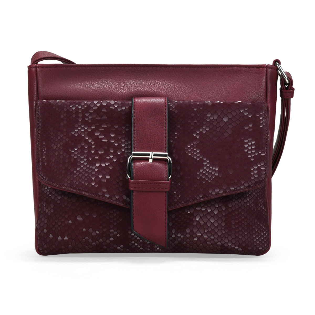 Bolso bandolera burdeos con solapa efecto serpiente