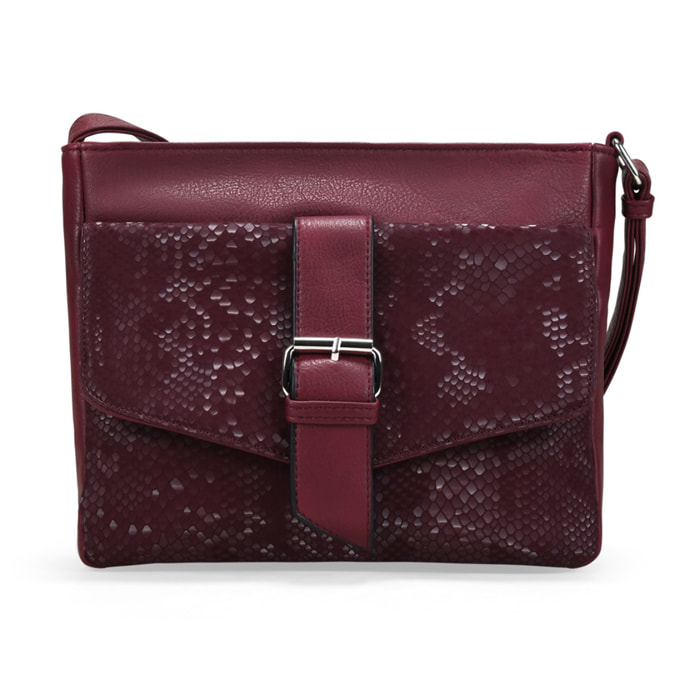 Bolso bandolera burdeos con solapa efecto serpiente
