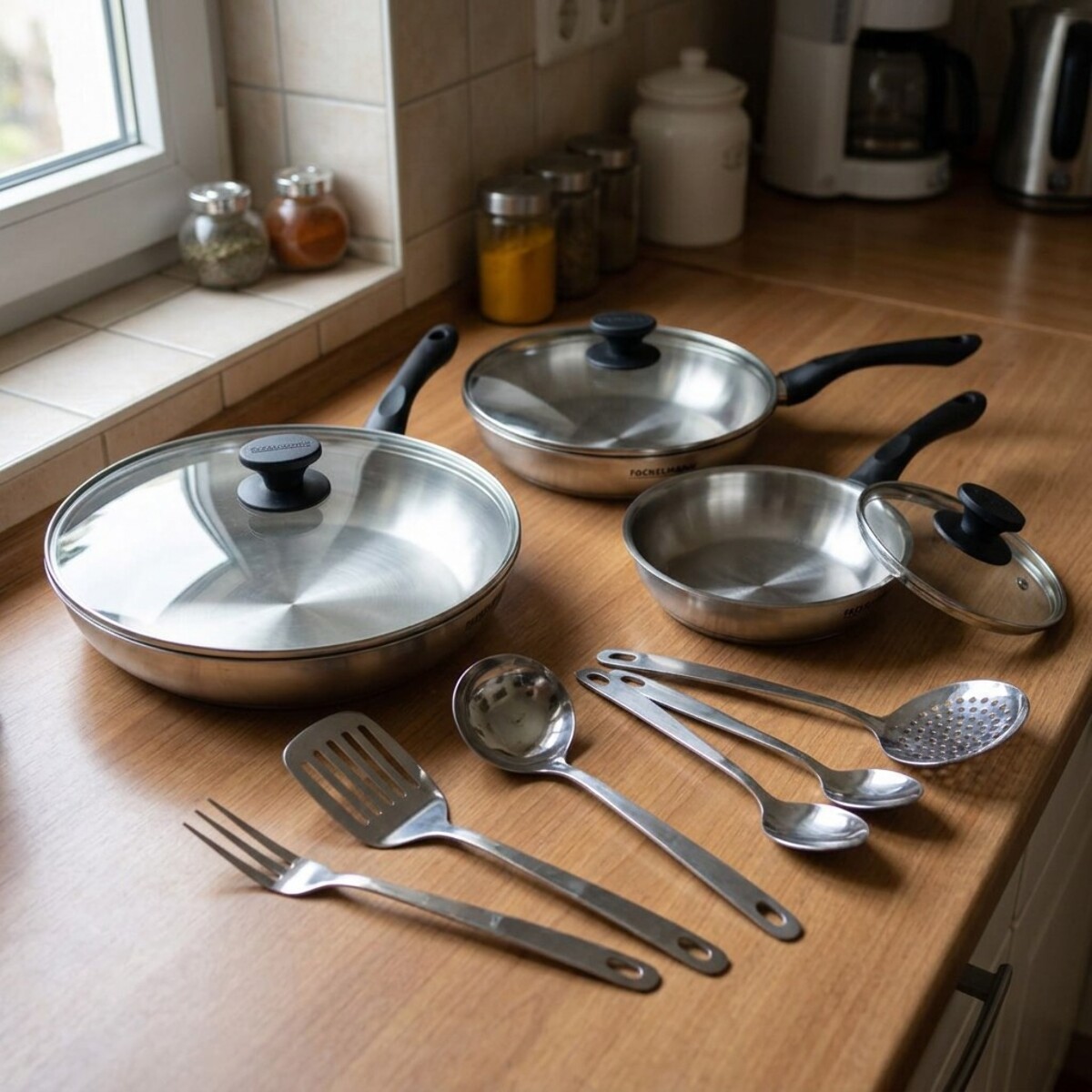 Set 3 poêles 20 24 et 28 cm en inox, couvercles verre et 6 ustensiles inox Fackelmann Geneva