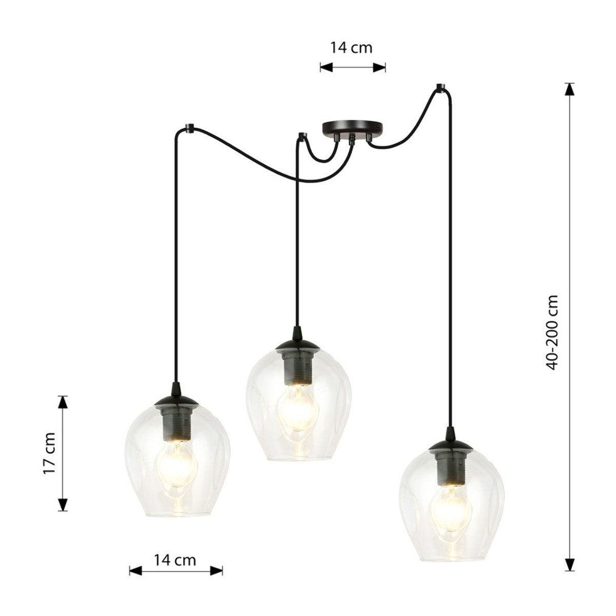 Lampada a sospensione LEVEL con tre diffusori in vetro trasparente