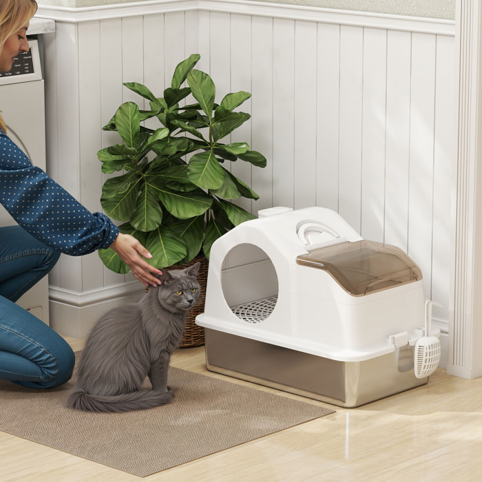 Maison de toilette bac à litière chat - 60 x 40 x 28 cm - pelle, poignée - acier inox plastique gris clair
