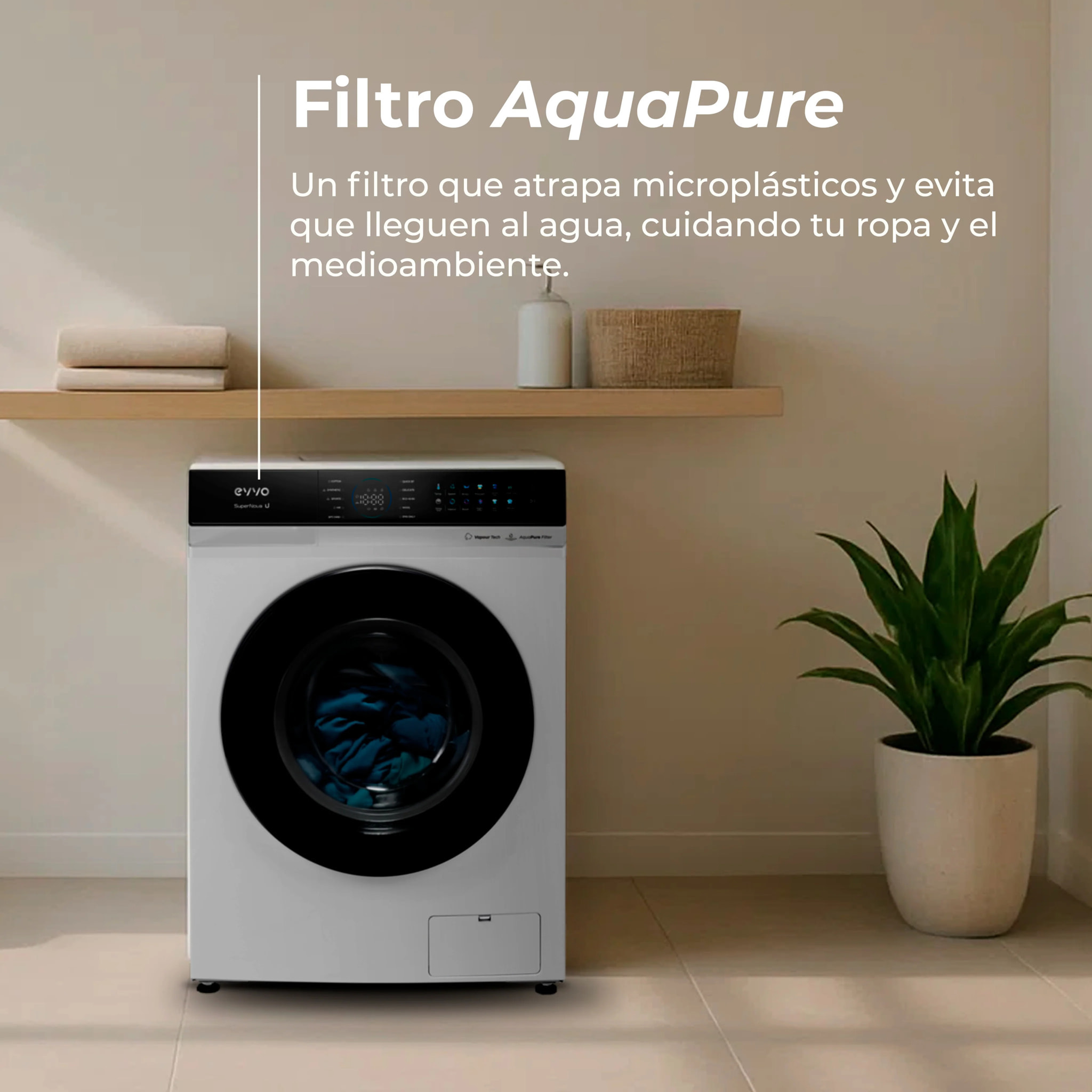EVVO Lavadora 12 kg Supernova U12, 1350 rpm, Clase A, Motor Inverter, 14 programas, Vapor Steam Wash, Smart LOAD, lavado rápido, blanco