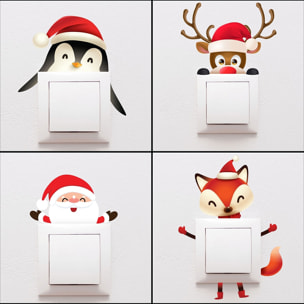 4 Stickers interrupteur animaux de noël et père noël - Autocollants stickers adhésifs noël - décoration fêtes