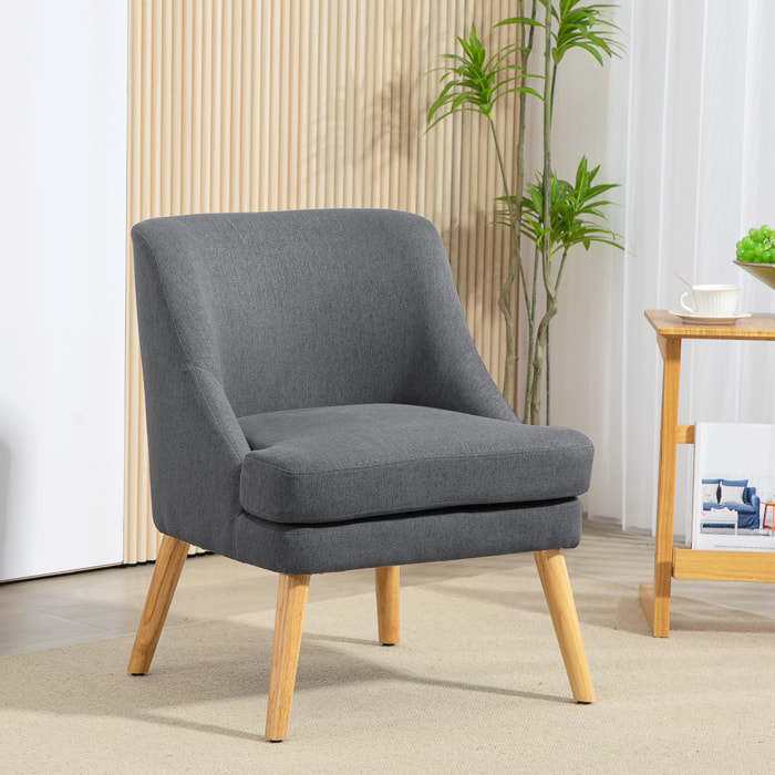 Fauteuil lounge design scandinave pieds effilés bois massif hévéa revêtement tissu polyester aspect lin gris